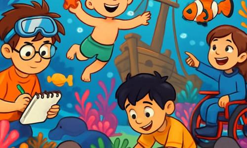 There are 4 characters: Max, a 10-year-old boy with messy brown hair and diving goggles on his forehead, holding a sketchbook and pencil while observing colorful fish; Leo, a 9-year-old boy with blonde hair and a big smile, joyfully swimming surrounded by bubbles and showing a starfish he found; Jamie, a 10-year-old girl with brown hair in a blue wetsuit, laughing enthusiastically in a floating wheelchair while pointing at a clownfish nearby; and Owen, a 9-year-old boy with black hair and freckles, searching through seaweed for marine treasures as he approaches his friends. The main setting is a beautiful underwater garden filled with vibrant coral in bright pink, orange, and purple colors, with shimmering schools of fish swimming around and a majestic wooden shipwreck covered in coral and shells at the center, creating a magical and mysterious atmosphere. The main situation shows the four friends exploring the shipwreck, discovering a shiny medallion and a colorful path on the seabed, as a group of baby seals curiously watches them, ready to join in a new game invented by the children.