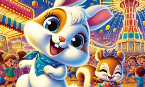 In the center of the scene, Benny, a small rabbit with large ears and bright white fur, is joyfully dancing, a big smile lighting up his face. His eyes sparkle with excitement as he wears a blue bandana around his neck, swaying to the rhythm of the carnival music. Next to him, Clara, a small squirrel with golden-brown fur, jumps energetically, her eyes shining with happiness. She wears a colorful skirt and holds a balloon in her paws, adding to the festive atmosphere. In the background, the setting is a vibrant carnival filled with bright colors: candy stands, floating balloons, and sparkling decorations. Children laugh and dance around them, while a large colorful carousel slowly turns, illuminated by string lights. The main scene shows Benny and Clara celebrating their friendship amidst the festivities, surrounded by laughter and music, capturing the joyful and magical spirit of the carnival.