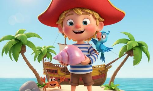 A cheerful, brave boy pirate smiles with round cheeks and bright eyes, wearing a large red hat, a white-and-blue striped shirt and short brown pants, holding a smooth pink shell; a small bright blue parrot perches on his right shoulder looking at the shell, an orange crab waves a claw near rocks to his left, and behind him a yellow-and-red wooden boat is moored on a small round island with soft cream sand, rounded gray rocks, clear turquoise water, curved green palm trees, and a clear blue sky with a warm sun.