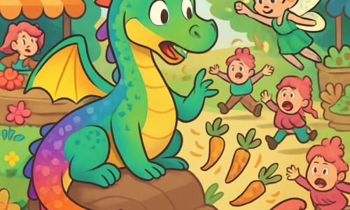 Tumble, a dragon with shimmering rainbow scales, is lazily lying on a soft rock by the Wobbleton river, displaying an amused surprise as he watches the pink-haired villagers. Pippa, a tiny fairy with sparkling wings, flits around him, her eyes sparkling with excitement as she gestures to get his attention. The setting is a colorful market, overflowing with fruits and vegetables, where the villagers, all with vibrant hair, bustle about in a joyful chaos. The scene is filled with bright colors, with flowers swaying in the wind and pink-bearded gnomes running around. The main situation shows Tumble, the dragon, slowly getting up, intrigued by the mess caused by magical carrots, while Pippa encourages him to intervene and restore calm to the village.