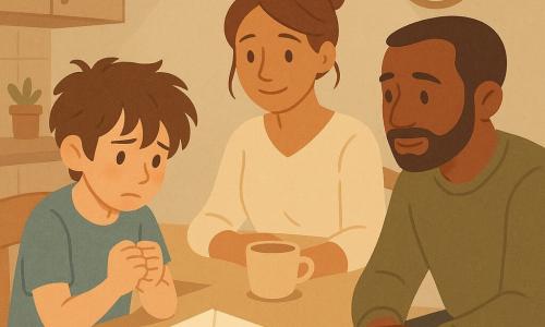 Een fragiele 12-jarige jongen met glanzende ogen en warrig bruin haar zit opgerold aan een lichte houten keukentafel met een witte enveloppe voor zich; tegenover hem zitten zijn ouders (beide rond 35–40 jaar) — de moeder met los opgestoken kastanjebruin haar en crème blouse glimlacht schuchter, de vader met korte baard en olijfgroen trui kijkt zacht — de sfeer is gespannen maar kalm, melancholisch, avondlicht valt van een hanglamp, een halfvolle theekop en een ronde klok aan de muur benadrukken de aankondiging van een scheiding.