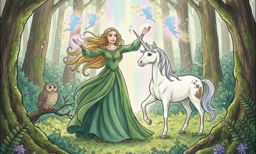 Elara, volwassen vrouw met een moedige glimlach en vriendelijke blik, lange gouden haren, in een lange groene jurk, reikt uit en zendt een witroze gloed naar de hemel; rechts staat Solan, een jonge witte eenhoorn met glanzende vacht en een gebroken glinsterende hoorn, een voorpoot opgeheven; links zit een kleine wijze bruintaupe uil op een lage tak; minieme blauwroze feeën fladderen rond Elara en vormen een halve cirkel van goudstof; het decor is een betoverd bos ondergroei met mosbedekte stammen, dichte varens en violette/blauwe lichtgevende bloemen, maanstralen vallen zacht tussen het loof; sfeer van rustig triomf, Elara en de eenhoorn bundelen hun magie in een pastelkolom licht; kleuren: diepe groenen, warme gouden tinten, phosphorescerend paars en blauw, duidelijke contouren en gedetailleerde blad- en mostexturen, zacht directioneel licht.