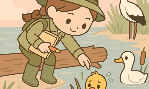 Uśmiechnięta, zdeterminowana kobieta-odkrywczyni z brązowym warkoczem w lekkiej khaki kurtce i gumowych butach, trzymająca duży notes i ołówek, pochyla się nad przewróconym pniakiem robiącym za mostek, wyciągając rękę, by uratować jasnopomarańczowo-żółtego, mokrego i przestraszonego kaczątka trzymającego się trzcin przy wodzie; dorosła kaczka o białych i pomarańczowych piórach obserwuje z niewielkiej odległości na wodzie, a na drugim planie stoi na jednej nodze duży czarno-biały bocian; miejsce: brzeg morza/bagna o zmierzchu, spokojna woda z różowo-niebieskimi refleksami, trzcinowiska i jasny piasek; scena: czułe i odważne ratowanie na śliskim drewnianym moście, kompozycja skupiona na dłoni kobiety i kaczątku, łagodne wyrazy twarzy i czytelne gesty, pastelowa, kontrastowa paleta (khaki, żółć, koral, mięta), ciepłe miękkie oświetlenie, styl kawaii minimalny z czystymi liniami i zaokrąglonymi formami.
