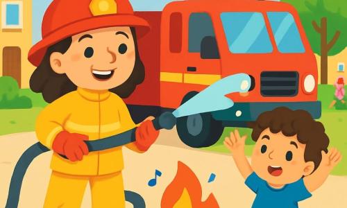 Una mujer bombera sonriente, con un casco rojo brillante y un traje amarillo, se encuentra orgullosamente al lado de su gran camión rojo. Sus ojos brillan de alegría y determinación mientras sostiene una larga manguera de incendios. A su lado, un niño pequeño de 5 años, con cabello castaño y rizado, la mira con admiración. Lleva una camiseta azul y pantalones cortos, y levanta los brazos en el aire, como si quisiera imitar a la bombera. La escena tiene lugar en una calle animada de un pueblo colorido, con casas de fachadas pastel y árboles verdes. Al fondo, se ve un pequeño parque donde juegan niños. La mujer bombera y el niño están frente a una fogata que crepita, y la bombera canta alegremente mientras dirige el agua hacia las llamas para apagarlas.