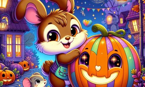 Ein kleiner Hase namens Benni mit großen Ohren und weichem, braunem Fell steht fröhlich vor einem großen, runden orangefarbenen Kürbis, der mit bunten Streifen dekoriert ist. Seine Augen glänzen vor Aufregung und er lächelt breit, während er einen grünen Pinsel in seinen kleinen Pfoten hält. Neben ihm schaut eine kleine Maus namens Hugo mit grauem Fell und funkelnden Augen neugierig auf den Kürbis, ihre kleinen Pfoten erhoben vor Staunen. Die Szenerie ist eine lebhafte Halloween-Straße, gefüllt mit funkelnden Laternen, bunten Dekorationen und Häusern mit erleuchteten Fenstern. Herbstblätter wirbeln durch die Luft und verleihen der Atmosphäre einen magischen Touch. In dieser Szene entdecken Benni und Hugo eine geheimnisvolle Box, die hinter dem Kürbis versteckt ist und von einem magischen Glanz erleuchtet wird, während kleine freundliche Geister um sie herumtanzen und eine fröhliche, festliche Stimmung schaffen.