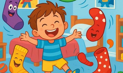 A 6-year-old boy, Bobby, with messy brown hair and sparkling eyes, stands in the middle of his room, laughing heartily. He wears a blue striped t-shirt and yellow shorts, while colorful socks dance around him, twirling in the air. A purple sock, with a big smile, stands in front as if leading the show, while a red sock with white polka dots does a pirouette next to Bobby. The room is filled with colorful toys, a messy bed, and superhero posters on the walls, creating a joyful and playful atmosphere. In this scene, Bobby is surrounded by dancing and singing socks, turning his room into a true carnival of colors and laughter.
