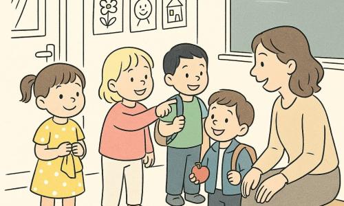 Er staan vier 3-jarige kinderen in een lichte kleuterklas: links een bruinharig meisje met twee staartjes en een gele jurk met witte stippen dat lacht en een opgevouwen sjaaltje vasthoudt, in het midden een kort blond meisje in een roze trui dat naar tekeningen aan een waslijn wijst, rechts een zwartharig jongetje in een groen T‑shirt met een rugzakje scheef op zijn schouder dat lacht, en achteraan een kastanjebruin jongetje met een blauwe jas dat een appel vasthoudt en naar de op haar knieën gezette juf kijkt; sfeer vriendelijk en nieuwsgierig, zachte lichtinval door gestreepte gordijnen, klein meubilair en kindertekeningen zichtbaar.