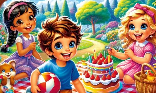Un niño de 4 años llamado Lucas, con cabello castaño desordenado y una gran sonrisa alegre, está sentado sobre una manta de picnic a cuadros rojos y blancos. Sostiene una pelota roja en sus manos, con los ojos brillando de emoción. A su lado, su mejor amiga Sofía, una niña de 4 años con largas trenzas rubias y un vestido rosa, está colocando un plato de pasteles sobre la manta. Un poco más lejos, Mateo, un niño de 4 años con cabello negro y gafas redondas, juega con su coche de carreras de plástico, mientras que Carla, una niña de 4 años con cabello castaño y un vestido azul, los observa con una sonrisa tímida. El lugar es un parque verde, lleno de árboles majestuosos y flores coloridas que bailan con la suave brisa. El cielo es de un azul brillante, salpicado de algunas nubes blancas y esponjosas. La escena muestra a los cuatro amigos reunidos alrededor de su picnic, riendo y compartiendo pasteles, simbolizando la alegría de la amistad y el placer de jugar juntos en un entorno soleado y acogedor.