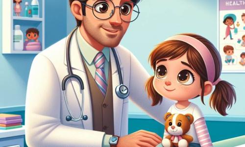 El personaje principal es un hombre, el Dr. Alberto, un médico de unos cuarenta años con cabello castaño ligeramente canoso y gafas redondas. Lleva una bata blanca impecable, un estetoscopio alrededor del cuello y muestra una sonrisa cálida y tranquilizadora mientras examina a una niña pequeña. La niña, Lucas, tiene alrededor de diez años, con cabello castaño despeinado y ojos brillantes de curiosidad. Está sentada en una mesa de examen, sosteniendo un juguete de peluche en sus brazos, y mira al Dr. Alberto con confianza. El lugar es un consultorio médico colorido y acogedor, con paredes pintadas de azul claro, carteles educativos sobre la salud y una sala de espera llena de juguetes y libros para niños. La situación principal muestra al Dr. Alberto explicándole calmadamente a Lucas lo que va a hacer para ayudarla a sentirse mejor, mientras la niña escucha atentamente, con una sonrisa tímida en su rostro.