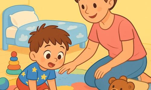 Un bambino di 2 anni, con capelli castani disordinati e grandi occhi curiosi, è accovacciato su un tappeto morbido e colorato. Indossa una maglietta blu con stelle gialle e pantaloni corti rossi, e il suo viso esprime grande concentrazione ed eccitazione. Accanto a lui, sua madre, una donna di circa 30 anni con capelli castani raccolti in uno chignon, sorride mentre lo guarda. Indossa una maglietta rosa e jeans, e lo sta aiutando a cercare il suo orsetto di peluche. La scena si svolge in una camera per bambini luminosa, con pareti dipinte di giallo pastello, giocattoli sparsi sul pavimento e un letto con lenzuola a motivi di nuvole. Al centro, il bambino esamina attentamente il tappeto, cercando indizi per ritrovare il suo orsetto. Gocce di miele brillano sul pavimento, che portano a un cuscino del divano dove si nasconde l'orsetto.