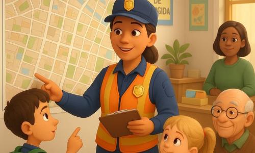 Una policía, Clara, sonriente y serena, uniforme azul marino, chaleco reflectante naranja y placa, sostiene un cuaderno y un bolígrafo y señala con suavidad un gran plano del barrio; a su izquierda un niño, Leo (≈8 años), pelo castaño corto, mochila con parche de dinosaurio verde, curioso, señala una calle; a la derecha una niña, Nora (≈7 años), pelo rubio en coleta, vestido rojo con lunares blancos, atento y travieso apoyada en una pequeña mesa; en el fondo un abuelo de unos 70 años con gafas redondas y periódico bajo el brazo, sonriente junto a un banco; una voluntaria, Sara (≈30 años) con jersey verde detrás de un mostrador con folletos y una caja de "Objetos perdidos", mira al grupo con benevolencia. Lugar: interior luminoso del Punto de Acogida con paredes blancas, carteles y una gran mapa mural, mesa de madera, taza de té humeante, planta y puerta acristalada que entra luz dorada. Situación: Clara explica el plano a los niños en un ambiente tranquilo y acogedor, gestos claros, todos alrededor del mapa, colores pastel, iluminación suave, estilo 3D animado con texturas lisas y detalles infantiles.