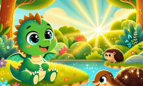 Un piccolo drago verde di nome Lupo, con grandi occhi brillanti e squame scintillanti, sorride gioiosamente mentre gioca vicino a un lago blu scintillante. È seduto sull'erba verde, circondato da fiori colorati, e sembra molto curioso e felice. Accanto a lui, una tartaruga marrone con un guscio lucente nuota lentamente nell'acqua, con gli occhi pieni di gioia. Sembra amichevole e giocosa, pronta a divertirsi con Lupo. Un po' più lontano, un riccio dai aculei dorati cerca nel terreno belle foglie, con un'espressione concentrata sul volto. Il luogo è una foresta verdeggiante, illuminata da una luce dorata, con alberi maestosi e uccelli che cantano tra i rami. Il cielo è di un blu splendente, punteggiato da alcune nuvole bianche e soffici. La scena principale mostra Lupo e i suoi amici che giocano insieme, ridendo e divertendosi a bordo del lago, godendosi una giornata estiva soleggiata e piena di avventure.