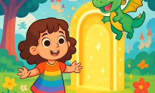A 6-year-old girl named Lila, with big curious eyes and curly hair, wears a colorful dress and a sparkling bracelet. She has an amazed smile and stands in front of a glowing magical portal, arms open, ready to enter a new world. Beside her is a small green dragon named Zippy, with shiny golden wings, floating in the air with a joyful and friendly expression. The setting is an enchanted meadow filled with vibrant flowers and large trees with colorful trunks, under a blue sky dotted with fluffy clouds. In the distance, floating castles and fantastical creatures enhance the magical atmosphere. The main scene shows Lila and Zippy in front of the portal, ready to venture together into a world full of wonders and magic.