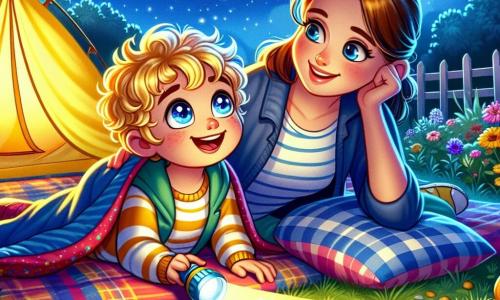 Un niño de 5 años, Lucas, con cabello dorado rizado y grandes ojos azules, está acostado en un saco de dormir colorido bajo un cielo estrellado. Muestra una expresión de curiosidad y alegría, mirando las estrellas que brillan sobre él. A su lado, su mamá, una mujer dulce de unos 30 años, con cabello castaño y una sonrisa cálida, está sentada sobre una manta, sosteniendo una linterna que proyecta formas de estrellas en el suelo. Ella mira a Lucas con ternura, mostrándole las constelaciones. El lugar es un jardín tranquilo, con una tienda de campaña amarilla y flores coloridas que rodean el espacio, iluminado por la suave luz de la luna. La escena principal muestra a Lucas, maravillado, descubriendo la belleza de la noche, mientras su mamá le explica cómo las estrellas pueden ser sus amigas, transformando su miedo a la oscuridad en asombro.