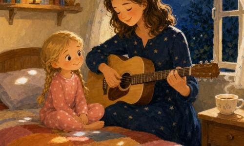A smiling, serene singer-musician with shoulder-length wavy brown hair in a navy wool dress patterned with small stars sits with a light-wood guitar on her lap, gently plucking a lullaby; a fascinated five-year-old girl with blonde braids in pink polka-dot pajamas sits cross-legged on the bed to the left, watching the guitar with wide bright eyes; a steaming cream porcelain teacup rests on a wooden bedside table behind them, an open window reveals a large silvery moon casting a soft glow, and the small cozy room—cream walls, warm patchwork blankets, bookshelves and a lit yellow lamp—is bathed in nocturnal, warm calm with moonlight falling like flakes on the bed.