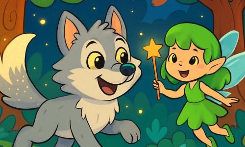 Un lupo mannaro, chiamato Lupoletto, con una pelliccia morbida e argentata e occhi brillanti color miele, esprime una curiosità gioiosa mentre salta nella foresta. La sua grande coda si erge dietro di lui, scintillante di luce. Accanto a lui, Frillina, una piccola fata dai capelli verdi brillanti e ali traslucide, sorride agitando una bacchetta magica, fluttuando leggermente sopra il suolo. Il contesto è una foresta incantata, dove alberi maestosi sono adornati di foglie multicolori e fiori luminosi, mentre lucciole danzano nell'aria crepuscolare. La scena principale mostra Lupoletto e Frillina pronti a esplorare insieme la foresta magica, circondati da creature fantastiche, pronti a vivere una nuova avventura piena di sorprese.