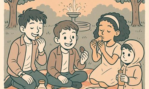 Vier kinderen: Frank, jongen ~9 jaar, kort soepel haar, lichte jas, zit in het midden van een ruitdeken en houdt een glanzende dadel; Yara, meisje ~9 jaar, krullend haar onder een haarband, simpele jurk, zit rechts van Frank en blaast zacht op een warme samosa; Adam, jongen ~10 jaar, warrig haar, T‑shirt en open jas, zit links van Frank, neemt een hap en kijkt glimlachend op zijn horloge; Mo, jongen ~6 jaar, klein, te grote jas, staat bij de rand van het deken en houdt verlegen een klein pakje limonade dat Frank hem teruggaf. Locatie: park bij schemering met gras, ronde fontein op de achtergrond en twee bomen met een slinger van kleine ronde lampionnen die zacht licht geven. Situatie: buiten‑iftar op een groot deken met schotels samosa’s, mini‑pizza’s, een schaal glanzende dadels, papieren bekers en een fles limonade; de kinderen delen, lachen onder de lampions, sfeer zacht, warm en rustig.