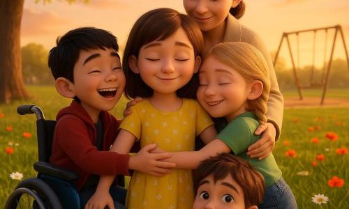 Five characters: Sarah, 9, mid‑length brown hair, wearing a yellow floral dress, standing center smiling timidly with arms out for a hug; Max, 9, short black hair, in a modern blue wheelchair with a red jacket to Sarah’s left, laughing with arms out; Lily, 8, blonde braid, green tee and denim skirt to Sarah’s right, hugging her tenderly; Jake, 9, tousled brown hair, navy hoodie, crouched in front with a big smile and a hand on Sarah’s shoulder; Sarah’s mother, 35, brown hair tied back, light coat, slightly behind with hands on Sarah’s back, comforting. Late‑afternoon park with green lawn, colorful wildflowers (daisies and poppies), a large oak to the left and an accessible swing in the background, orange sunset sky, warm light and long shadows. Main scene: the children share a big group hug, gentle reassuring atmosphere, warm colors, centered on human contact and solidarity, slight bird’s‑eye perspective.