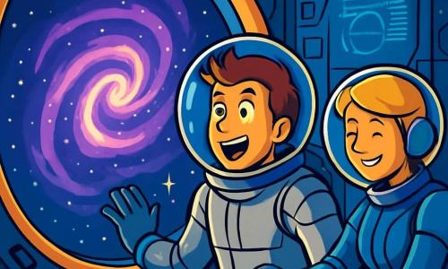 A man, Dr. Elias Reed, stands by a large porthole of the starship Odyssey, his eyes wide with wonder and curiosity. He has messy brown hair, wears a silver spacesuit and a clear helmet, and his face shows bright determination. Next to him, Maya, a 30-year-old woman with short blonde hair, adjusts a glowing control panel, focused and smiling. She also wears a spacesuit, but with blue accents. The interior of the ship is futuristic, with shiny metal walls, holographic screens displaying data, and soft lights creating a warm atmosphere. Through the porthole, the stunning sight of the Nebula X-7 can be seen, with its colorful clouds of purple and blue illuminated by twinkling stars. The main scene shows Elias and Maya observing a luminous, swirling spatial anomaly that seems to distort the space around it. Excitement and anxiety mix in the air as they prepare to enter the unknown.