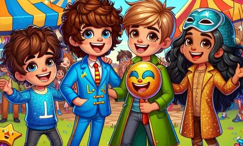 Quattro amici, due ragazzi e due ragazze di circa 8 anni, si trovano insieme in un parco colorato durante il carnevale. Leo, un ragazzo con i capelli castani e ricci, indossa un costume blu con una grande 