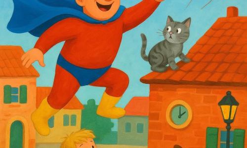 Super-Jan, een lange glimlachende man met ondeugende blik, korte bruine haren, een felblauwe cape, rood kostuum en gele laarzen, rent omhoog over een rood bakstenen dak met uitgestrekte armen om een grijs gestreepte kat op de dakrand te redden; op de stoep kijkt een ongeveer vijfjarige blonde jongen met open mond verwonderd en klappend, een kleine sterrensok in zijn rechterhand, terwijl een klein bruin hondje met een rode pet op zijn rug rondrent en met de staart kwispelt; de scène speelt zich af in een kleurrijke stadsstraat met lage bakstenen huizen, groene luiken, een ronde klok, zwevende ballonnen, een gele lantaarn en een blauwe auto op de voorgrond, in een vrolijke, komische sfeer.