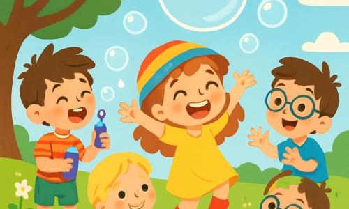 A 4-year-old girl named Milly, with sparkling eyes and a bright smile, wears shiny red boots and a colorful hat. She is jumping for joy, surrounded by shimmering bubbles floating around her. Next to her, Ben, a 5-year-old boy with messy brown hair and a striped t-shirt, holds a bubble solution bottle, laughing while trying not to splash Milly. Zoey, a 4-year-old girl with braided blonde hair, sits on a checkered blanket, holding a red apple and smiling at the bubbles. Milo, a 5-year-old boy with glasses and a blue t-shirt, enjoys popping the bubbles with his hands. The setting is a sunny park with a large leafy tree providing shade, a colorful blanket spread on the green grass, and multicolored flowers dancing in the wind. The main scene shows Milly and her friends playing with soap bubbles, laughing as a giant bubble floats above them, ready to pop.