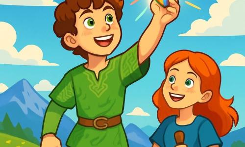 A young man named Cian, about 16 years old, stands at the top of a green hill, his face illuminated by a glow of wonder and determination. He has curly chestnut hair, sparkling emerald eyes, and wears a green linen tunic adorned with leaf patterns. In his hand, he holds a shimmering stone, the Riverstone, which emits colorful reflections. Beside him is Moira, a 15-year-old girl with fiery red hair and freckles, looking at Cian with admiration. She wears a simple blue dress and holds a walking stick, ready to accompany him on the adventure. The setting is a vast valley filled with brightly colored wildflowers, with majestic mountains in the background. The sky is a bright blue, dotted with fluffy white clouds. The main scene shows Cian raising the Riverstone to the sky, as flashes of light burst from the stone, illuminating his face and creating a magical aura around him. Moira smiles beside him, her eyes sparkling with excitement as the wind makes the grasses dance around them.