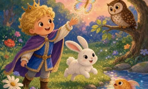 The main character is a 6-year-old prince boy with a round face and curly blond hair, joyful amazed expression, smiling broadly and reaching toward a shimmering butterfly; an iridescent butterfly with fan-shaped wings in pale blue, pink and gold flies just before him; a friendly fish appears in a small foreground pond, swimming at the surface and making tiny rainbow ripples near the edge; a fluffy white rabbit with long ears and round black eyes hops beside the prince on green grass; a wise brown mottled owl with large curious eyes perches on a low branch to the right, watching; the setting is a magical clearing by a sparkling pond with soft green grass, daisies and poppies, round-leaved trees and a pale pink twilight sky; main situation: the little prince watches the butterfly lead him toward the pond, surrounded by friendly animals, warm atmosphere, pastel colors and visible gouache textures.