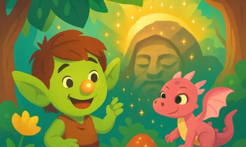Mały troll o imieniu Tulek, z zielonymi uszami w kształcie liści i nosem świecącym jak kropla rosy, radośnie stoi pod dużym liściem. Jego twarz jest rozświetlona promiennym uśmiechem, a oczy błyszczą ciekawością i ekscytacją. Obok niego mały smok o różowych łuskach, z figlarnymi oczami i przezroczystymi skrzydłami, przygotowuje się, by pomóc mu w misji. Smok, który wydaje się mieć około 5 lat, siedzi na kamieniu, gotowy do wzlotu. Scena rozgrywa się w zaczarowanym lesie, gdzie majestatyczne drzewa o skręconych pniach wznoszą się ku niebu, a ich liście błyszczą w tysiącu kolorów pod promieniami słońca. Jasne kwiaty i kolorowe grzyby pokrywają ziemię, tworząc magiczny dywan. Tulek i jego przyjaciel smok przygotowują się do obudzenia wielkiego Strażnika, który śpi pod ogromnym głazem, otoczony złotym światłem i gwiezdnym pyłem. Atmosfera jest wypełniona oczekiwaniem i magią, gdy szykują się do spełnienia swojej misji.