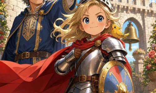 Lia, uma jovem cavaleira, olha à frente com sorriso determinado e olhos brilhantes; veste uma pequena armadura prateada, capacete ao lado, capa vermelha esvoaçante e segura um pequeno escudo redondo; o rei, cerca de 50 anos, está atrás no umbral, rosto benevolente e bigode grisalho, mão erguida como para lhe confiar a missão, em túnica azul com bordados dourados; um pássaro amarelo pousa no ombro de Lia; o cenário é o pátio de um castelo de pedra claro com bandeiras douradas, uma grande campainha ao fundo, chão de pedras e flores; a cena mostra Lia prestes a partir em missão, capa ao vento, postura confiante e suave sol da manhã.
