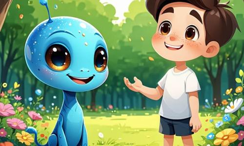 Um garoto de 8 anos, Lucas, com cabelos castanhos bagunçados e olhos brilhantes de curiosidade, está em um parque verdejante, sorrindo com admiração enquanto observa um pequeno extraterrestre azul chamado Zog. Zog, com sua pele brilhante e grandes olhos redondos, flutua levemente acima do chão, rindo alegremente enquanto tenta repetir as palavras que Lucas lhe ensina. O parque está cheio de flores coloridas e árvores majestosas, com crianças brincando ao longe, acrescentando uma atmosfera alegre à cena. Lucas e Zog estão cercados por raios de sol filtrando através das folhas, criando uma atmosfera mágica. A cena principal mostra Lucas ensinando Zog a dizer "olá", enquanto Zog, com uma expressão concentrada e divertida, tenta reproduzir a palavra, fazendo as crianças ao redor rirem.