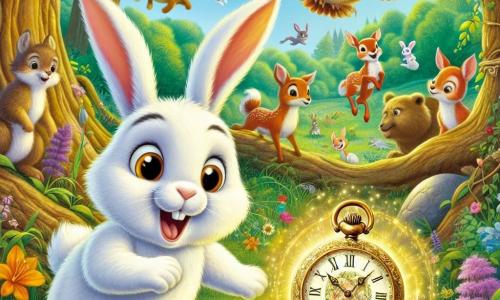 In the center of the image, a small white rabbit named Benny, with long silky ears, expresses great curiosity and wonder. His eyes shine with excitement as he holds an ancient golden pocket watch, surrounded by a magical glow. Benny is joyfully hopping, his hind legs firmly planted on the green ground. Next to him, a wise owl named Orville, with brown feathers and round glasses, watches Benny attentively with a benevolent smile. He stands on a tree branch, his wings slightly spread, ready to take flight. In the background, a gathering of colorful animals surrounds a large wooden table, where squirrels, deer, and bears enthusiastically discuss. Their faces reflect excitement and engagement, creating a vibrant and dynamic atmosphere. The setting is a sunny clearing, surrounded by tall trees with lush green leaves, and bright flowers adding splashes of color. The sky is a bright blue, dotted with fluffy white clouds. The main scene shows Benny, the little rabbit, discovering the magical power of his pocket watch while sharing ideas with the other animals, symbolizing unity and collaboration for a better future.