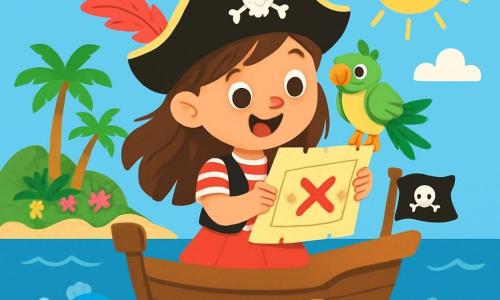 Young pirate Captain Lily stands proudly on the deck of her small ship. She has long flowing brown hair, a black pirate hat adorned with a red feather, and an excited smile on her face. She holds a treasure map in her hands, her eyes sparkling with adventure. Beside her, Spot, a colorful parrot with green and yellow feathers, perches on her shoulder, looking around with slightly spread wings, ready to fly. Below, in the water, Finn, a small blue fish with shiny scales, bubbles joyfully while swimming near the boat. The scene is set in a vast blue ocean with gentle, sparkling waves under the sun. In the distance, a mysterious island is silhouetted, surrounded by green palm trees and colorful flowers. Captain Lily is focused on examining the treasure map, determined to find the big red X, as the waves dance around the ship, filling the air with excitement and discovery.
