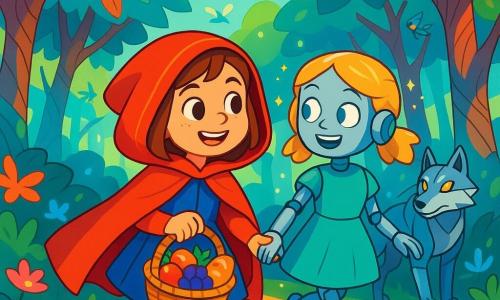 Caperucita Roja, una niña de unos 8 años, lleva una capa roja brillante que brilla bajo el sol. Su rostro está iluminado por una gran sonrisa y sus ojos destilan curiosidad. Sostiene una cesta llena de frutas coloridas y panes dorados, caminando alegremente por el bosque. A su lado está VerdeLuna, una chica de cabello dorado trenzado, con apariencia metálica, ojos brillantes y una sonrisa amigable. Flota ligeramente sobre el suelo, rodeada de pequeñas luces centelleantes, observando el camino con atención benevolente. Al fondo, un lobo mecánico, con pelaje plateado y ojos luminosos, acecha, pero su expresión es suave y curiosa, mostrando que ha elegido proteger en lugar de cazar. El lugar es un hermoso bosque futurista, con árboles gigantes de troncos en espiral y hojas de colores vivos, donde flores luminosas iluminan el suelo. Aves mecánicas vuelan entre las ramas, añadiendo un toque de magia al entorno. La escena principal muestra a Caperucita Roja y VerdeLuna caminando juntas, riendo y compartiendo historias, mientras el lobo mecánico las sigue, listo para defenderlas. La atmósfera es alegre y llena de aventura, ilustrando la amistad y la protección en un mundo encantado.