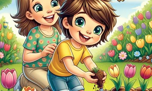 Un niño de 8 años, Lucas, con cabello castaño desordenado y ojos brillantes de alegría, está plantando bulbos de tulipanes en un jardín colorido. Lleva una camiseta amarilla brillante y un pantalón corto de mezclilla, y su rostro irradia emoción. A su lado, su mamá, una mujer de unos 35 años con cabello largo y rubio, vestida con una camiseta de flores y pantalones ligeros, lo anima con una sonrisa cálida. Se inclina para mostrarle cómo plantar correctamente los bulbos, con las manos llenas de tierra. El jardín es un lugar encantador, lleno de tierra marrón fresca, pequeñas brotes verdes que emergen del suelo y flores coloridas que comienzan a florecer. Mariposas revolotean alrededor de las flores, mientras un cielo azul claro se extiende arriba, salpicado de algunas nubes blancas esponjosas. La escena principal muestra a Lucas, lleno de entusiasmo, cavando agujeros en la tierra para plantar los tulipanes, mientras su mamá le explica la importancia de cuidar las plantas.