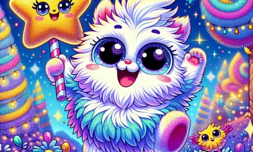 In the center of the image, Fizzle, a small round and fluffy Fluffaroo, is jumping for joy, his big eyes shining with excitement. He has a pastel-colored fluffy coat with sparkling glitter reflecting the light. He holds a huge star-shaped candy in his little paws, a big smile on his face. Next to him, Twinkle, a small star bird with golden and silver feathers, is joyfully flying. She has sparkling eyes and a radiant smile, flapping her shiny wings while singing. She is perched on a branch of a sparkling tree, surrounded by glowing garlands. The setting is a fairy-tale landscape filled with shimmering trees with multicolored leaves and twinkling lights illuminating the night. The sky is a deep blue, dotted with bright stars, and a large shooting star crosses the horizon. The main scene shows Fizzle and Twinkle celebrating the New Year with their friends, dancing and laughing together, surrounded by colorful candies and bright decorations, ready to make a wish under the beautiful sparkling star.