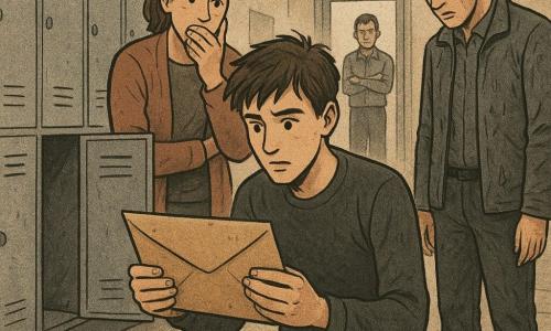 Een scène in een beige gang van een buurthuis: Sem, een lange smalle tiener van ongeveer 18 jaar met warrig bruin haar en aandachtige blik, knielt voor een open metalen kluisje nummer 17 en houdt bevende handen een grote bruine envelop gevuld met geld vast; achter hem staat Nora, ongeveer 40, met châtains haar samengebonden, hand voor de mond en een vochtige beschermende blik; rechts staat Aron, rond de 30, met schuldige nerveuze uitdrukking en een doorregen grijze jas, handen leeg en ogen naar de grond; op de achtergrond Joris, ongeveer 35, berouwvol met gekruiste handen bij een dienstdeur; op de bank een sleutel met een klein rood plastic etiket; nat betegelde vloer met bandensporen en regendruppels, zacht vochtig licht dat door een glazen deur valt; mysterieuze maar geruststellende sfeer, compositie gericht op de personen en de enveloppe, gedempte warme kleuren, duidelijke lijnen en bescheiden contrasten, indruk van krantendruk.