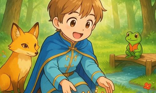 Il protagonista è un giovane principe di circa 8 anni, espressione gioiosa, capelli castano chiaro, mantello azzurro cielo ricamato d'oro, inginocchiato per raccogliere una piccola corona brillante su un cuscino di muschio; alla sua sinistra una volpe dorata dagli occhi vivaci osserva benevola la corona, sul bordo di un piccolo ponte di legno dietro di lui una rana verde con un minuscolo gilet guarda curiosa il principe; la scena si svolge in una radura soleggiata nel cuore di un boschetto con erba morbida, fiori rossi e blu sparsi, un ruscello scintillante, alberi alti e raggi di sole tra le fronde, atmosfera luminosa, colori tenui e contrasti caldi, pacifica e magica.