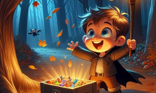 Un bambino di 3 anni, di nome Luca, con grandi occhi blu scintillanti e capelli castani in disordine, tiene in mano una torcia magica scintillante. Sorride con meraviglia mentre scopre una vecchia scatola di legno sotto un grande albero. Accanto a lui, il suo amico Matteo, un bambino di 4 anni, è travestito da piccolo vampiro con un mantello nero e denti bianchi di plastica. Ride gioiosamente, pronto ad aprire la scatola con Luca. Il luogo è un parco oscuro e misterioso, illuminato dalla luce della torcia di Luca, circondato da grandi alberi con foglie dorate e arancioni, creando un'atmosfera magica e leggermente spaventosa. Luca e Matteo, meravigliati, stanno aprendo la scatola di legno piena di caramelle colorate, mentre le foglie cadono dolcemente attorno a loro, aggiungendo all'incanto di questa notte di Halloween.