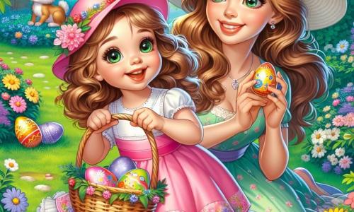 A 2-year-old girl with big bright eyes and curly brown hair wears a pink hat adorned with flowers. She smiles in wonder, holding a wicker basket full of colorful eggs while joyfully hopping in the green grass. Next to her, her mother, a woman in her thirties with long smooth hair, wearing a light colorful dress, looks at her with a tender smile while sitting on a picnic blanket. She holds a decorated egg in her hand, ready to show it to her daughter. The scene takes place in a sunny park filled with vibrant flowers and majestic trees. Colorful Easter eggs are hidden in the grass and under the flowers, creating a festive and joyful atmosphere. The little girl discovers a shiny egg hidden behind a bush, her eyes lighting up with joy as she exclaims, "Look, Mom, an egg!" A little bunny with big ears appears in the background, watching the scene with a mischievous look.