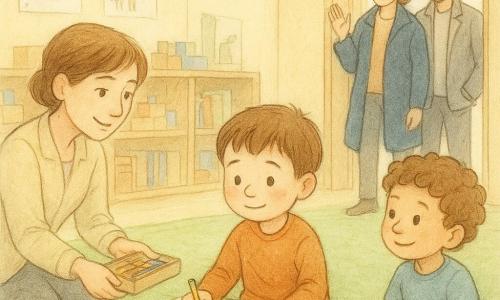 Un bambino di 6 anni, timido ma un po' fiero, capelli castani corti, guance lievemente rosate, seduto su un tappeto verde con un pastello giallo mentre disegna un grande leone sorridente su un foglio bianco; la mamma (30-35 anni) con capelli castani raccolti e un dolce sorriso, soprabito blu appoggiato sulla spalla, in piedi vicino alla porta con la mano alzata come per dire addio; il papà (30-35 anni) con capelli corti e barba leggera, giacca grigia, accovacciato nell'anta della porta con uno sguardo fiero e rassicurante; l'insegnante (28-35 anni) dai capelli corti, espressione calorosa, a pochi passi che porge una scatola di pastelli colorati; un compagno di circa 5-6 anni, capelli ricci, seduto accanto a lui che guarda il disegno sorridendo; luogo: aula luminosa con grande tappeto verde, pareti giallo chiaro, scaffali in legno con blocchi e libri colorati, poster di animali e una finestra che diffonde luce dorata; situazione: momento calmo e tenero in cui il bambino, appena lasciato dai genitori, si concentra a finire il disegno circondato da colori, pastelli sparsi e sguardi benevoli.