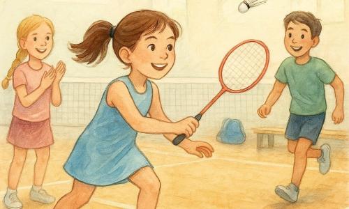 Marie, 10 Jahre, im Vordergrund konzentriert und fröhlich, braune Pferdeschwanz, dynamisch, schlägt mit einem Badminton-Schläger; links hinten Lisa, 10, lachend und anfeuernd, blonde Zopf, klatschend; rechts Paul, ca. 11, entspannt und bereit zum Sprint; die Trainerin Frau Krüger, 35–45, graue Haare im Dutt, steht am Spielfeldrand lächelnd und applaudierend; große Turnhalle mit glänzendem Holzfußboden, Netz, hellen Wänden und großen Fenstern, Bänke und Sporttaschen am Rand, Federbälle in der Luft; Momentaufnahme des Ballfluges über das Netz, kameradschaftliche Atmosphäre, fließende Bewegung, pastellene Aquarellfarben, weiche expressive Linien.