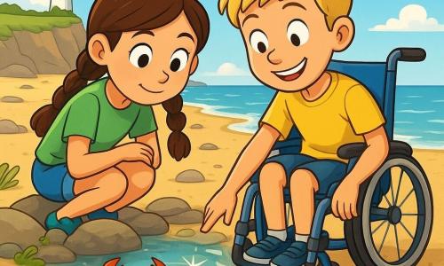 There are 2 main characters: - Maya, a 9-year-old girl with brown hair in braids and sparkling eyes, wearing a green t-shirt and blue shorts, crouched near a rock, observing a crab in a tidal pool. - Ella, a 9-year-old boy with short blond hair and a mischievous smile, sitting in a bright blue wheelchair, reaching out to gently touch the water of a tidal pool next to Maya. The setting is a beach in Bramblebay at low tide, with tidal pools glistening in the sun, surrounded by small green seaweeds and multicolored shells. In the background, a white lighthouse stands on a cliff against a light blue sky dotted with a few fluffy clouds. The main scene shows Maya and Ella exploring the tidal pools in search of marine treasures. Their faces express wonder and curiosity, while the clear water reflects the sun's rays, creating glimmers of light around them.