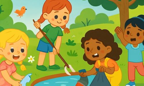 There are 4 children: Lily, a 7-year-old girl with blonde hair in braids, wearing a pink floral dress, is picking up a piece of plastic with a big smile. Rose, a 6-year-old girl with red hair in braids, dressed in a green t-shirt and blue shorts, is using a stick to catch litter in the water, looking focused. Daisy, a 7-year-old girl with curly brown hair in a yellow overall, is holding a trash bag and bending down to pick up a can, laughing joyfully. Poppy, a 6-year-old girl with black hair in a ponytail, wearing a light blue t-shirt and pink pants, stands with her arms raised in victory in front of a full trash bag. The setting is a sunny park with a large pond surrounded by green trees and colorful flowers. The lake water sparkles in the sun, and lily pads float on the surface. Birds are singing in the trees, and frogs are happily jumping on the banks. The main scene shows the four friends cleaning the park. They enthusiastically pick up trash, transforming the place into a clean and joyful environment. The children smile, happy to make a difference for nature.