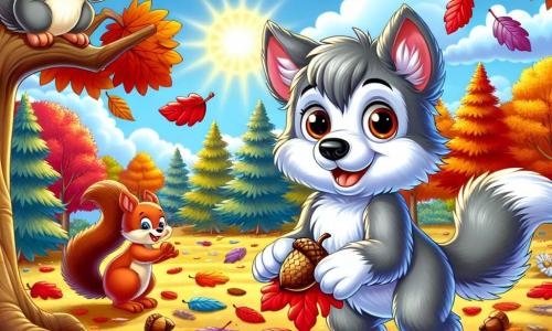 A small wolf with sparkling eyes and gray fur stands in the middle of an autumn park, amazed by the colorful leaves falling around him. He has a big smile on his face, paws raised as if trying to catch the leaves floating in the air. Next to him, a red-furred squirrel with a bushy tail climbs a tree, its eyes shining with joy. It looks at the little wolf with a friendly expression, holding an acorn in its tiny paws. A multicolored bird perched on a branch sings cheerfully, appearing happy and curious as it observes the scene below. The park is filled with tall trees with vibrant leaves, and the ground is covered with red, yellow, and orange leaf carpets. The sky is bright blue, and the sun shines, creating a warm and joyful atmosphere. The main scene shows the little wolf enjoying walking on the crunchy leaves while the squirrel and the bird enjoy this beautiful autumn day together in a mood of happiness and friendship.