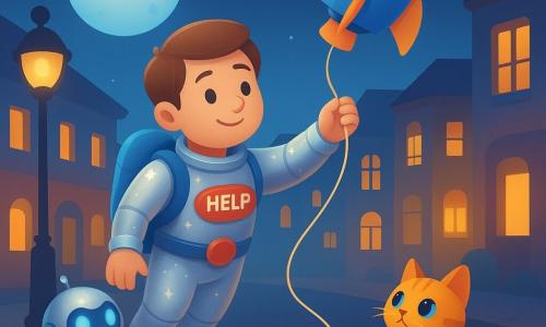 A young hero of about 25 with a round face and gentle smile wears a shiny silver suit with small stars, a blue jetpack and a belt with a large red "HELP" button; he flies slightly above the ground, reaching for the long string of a colorful silver space kite that has struck a lamppost; a small round metallic kitten-sized robot with glowing blue pupils stands on the sidewalk to the left near the lamppost, blinking and applauding; an orange tabby sits in the right foreground watching with a curled tail; the warm nighttime city shows round metal lampposts, colorful lit facades, glossy cobblestones and a pale blue moon above the roofs, the lamppost wobbles but the light comes back, creating a soothing, safe atmosphere.