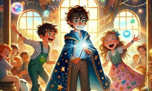 En un gran cobertizo de magia, un joven mago llamado Lucas, de unos 10 años, se encuentra en el centro, con cabello rizado y una gran sonrisa maravillada. Lleva una túnica de mago azul adornada con estrellas doradas y sostiene una varita mágica brillante, rodeado de globos de colores que flotan a su alrededor. A su lado, su mejor amiga Sofía, una pequeña bruja de 9 años con cabello largo y rubio, ríe mientras intenta atrapar uno de los globos. Un poco más atrás, Tomás, un niño de 10 años con gafas y cabello despeinado, cuenta un chiste con una sonrisa traviesa. El cobertizo está lleno de viejos libros de magia, pociones coloridas y luz mágica que brilla en el aire. La escena muestra a Lucas lanzando un hechizo para hacer aparecer globos de colores que flotan alegremente a su alrededor, mientras sus amigos ríen y se divierten, creando una atmósfera de magia y felicidad.