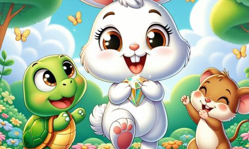 Al centro dell'immagine, Benny, un piccolo coniglietto dalle grandi orecchie e dal pelo bianco splendente, sta saltando di gioia, il suo viso illuminato da un grande sorriso. I suoi occhi brillano di eccitazione mentre tiene una carota dorata scintillante tra le sue piccole zampe. Alla sua destra, Tina, una adorabile tartarughina con un guscio verde e occhi rotondi, guarda Benny con un sorriso orgoglioso, le sue piccole zampe anteriori sollevate come per applaudire. Si trova su un tappeto di fiori colorati, circondata da farfalle. A sinistra, Tino, un piccolo topino dal pelo marrone e dalle grandi orecchie, sta ballando con entusiasmo, le sue piccole zampe posteriori in aria, esprimendo una gioia contagiosa. Lo scenario è un giardino magico, pieno di fiori brillanti di tutti i colori, grandi alberi con foglie verdi e un cielo azzurro chiaro punteggiato di nuvole bianche e soffici. La scena rappresenta il momento della grande festa in cui i tre amici celebrano il recupero della carota dorata, circondati dai loro amici animali, tutti pronti a divertirsi insieme in un'atmosfera gioiosa e festosa.