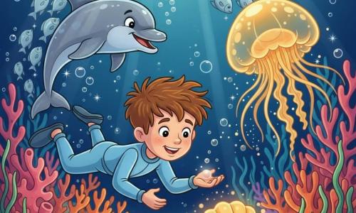 Un niño de 10 años, ojos grandes y curiosos, sonrisa tímida pero valiente, pelo castaño despeinado y traje de buceo azul claro nada hacia una gran concha luminosa mirándola maravillado y sostiene una pequeña perla en la palma. A su derecha flota una gran medusa dorada translúcida con puntos luminosos cuyos tentáculos ondean como cintas y lo guía; detrás a la izquierda salta un delfín joven gris plateado con reflejos azules, protector y juguetón, lanzando burbujas brillantes. Un banco de peces luna plateados forma un círculo protector al fondo. El lugar es un jardín submarino de corales: corales rosados y naranjas en forma de árboles, anémonas violetas, arena dorada y rayos de luz diagonales desde la superficie. Escena centrada en la concha y la mirada asombrada del niño, ambiente mágico, tranquilo y colorido con burbujas y partículas luminosas; paleta viva de azules profundos, amarillos cálidos y toques de rosa, líneas nítidas, contornos suaves, estilo dibujo animado años 90.