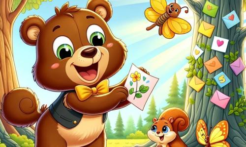 Ilustración de un joven oso pardo, alegre y entusiasta, decorando un árbol con tarjetas coloridas, sonriendo emocionado. A su lado, una mariposa amarilla vuela alrededor, animándolo con gestos amistosos. Un poco más lejos, una ardilla adorable observa la escena, sosteniendo una nuez y lista para ayudar. El lugar es un bosque encantado, lleno de árboles majestuosos y flores coloridas, con rayos de sol filtrándose entre las hojas, creando una atmósfera mágica. La situación principal muestra al oso y sus amigos preparando una sorpresa para el Día de la Madre, decorando el bosque con tarjetas hechas a mano, mientras los pájaros cantan alegremente. La escena evoca el amor y la celebración de esta festividad.